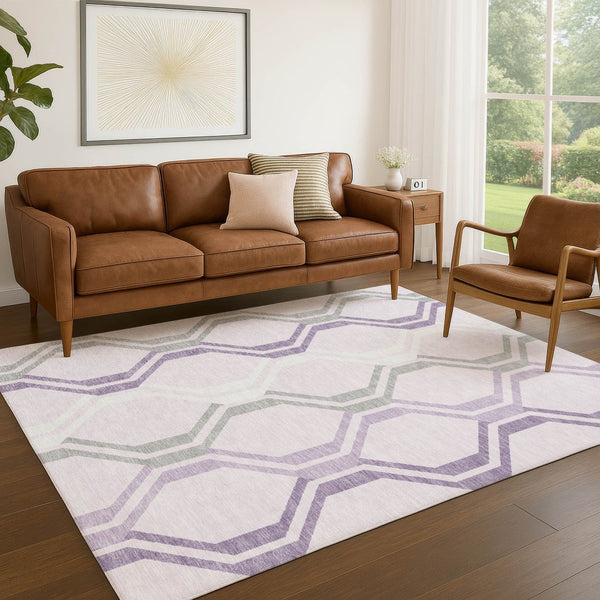 HomeRoots 10' Modern Geometric Lavender Ivory Gray Area Rug - Washable, Durable, Indoor Outdoor Use, 10x14' 659467