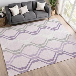 HomeRoots 10' Modern Geometric Lavender Ivory Gray Area Rug - Washable, Durable, Indoor Outdoor Use, 10x14' 659467