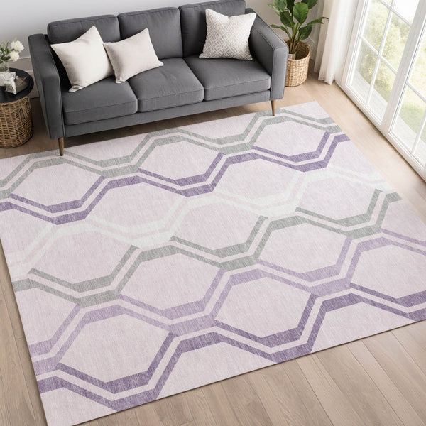 HomeRoots 10' Modern Geometric Lavender Ivory Gray Area Rug - Washable, Durable, Indoor Outdoor Use, 10x14' 659467