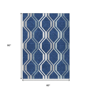 HomeRoots 5' Navy Blue & Ivory Geometric Area Rug – Washable, Durable Indoor/Outdoor Design for High-Traffic Spaces 659469