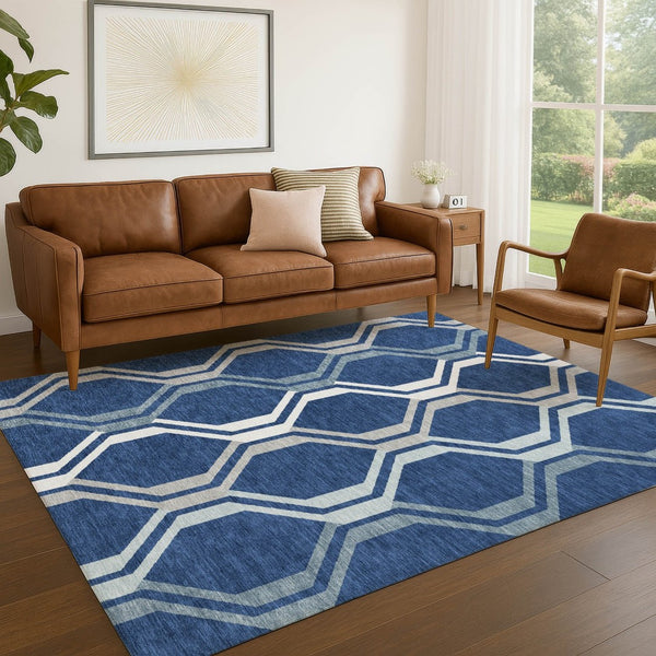 HomeRoots 5' Navy Blue & Ivory Geometric Area Rug – Washable, Durable Indoor/Outdoor Design for High-Traffic Spaces 659469