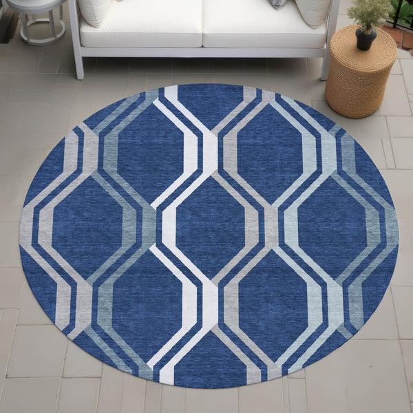 HomeRoots 8' Navy Geometric Washable Round Rug – Stylish Indoor/Outdoor Accent for High-Traffic Areas, Easy Care 659470