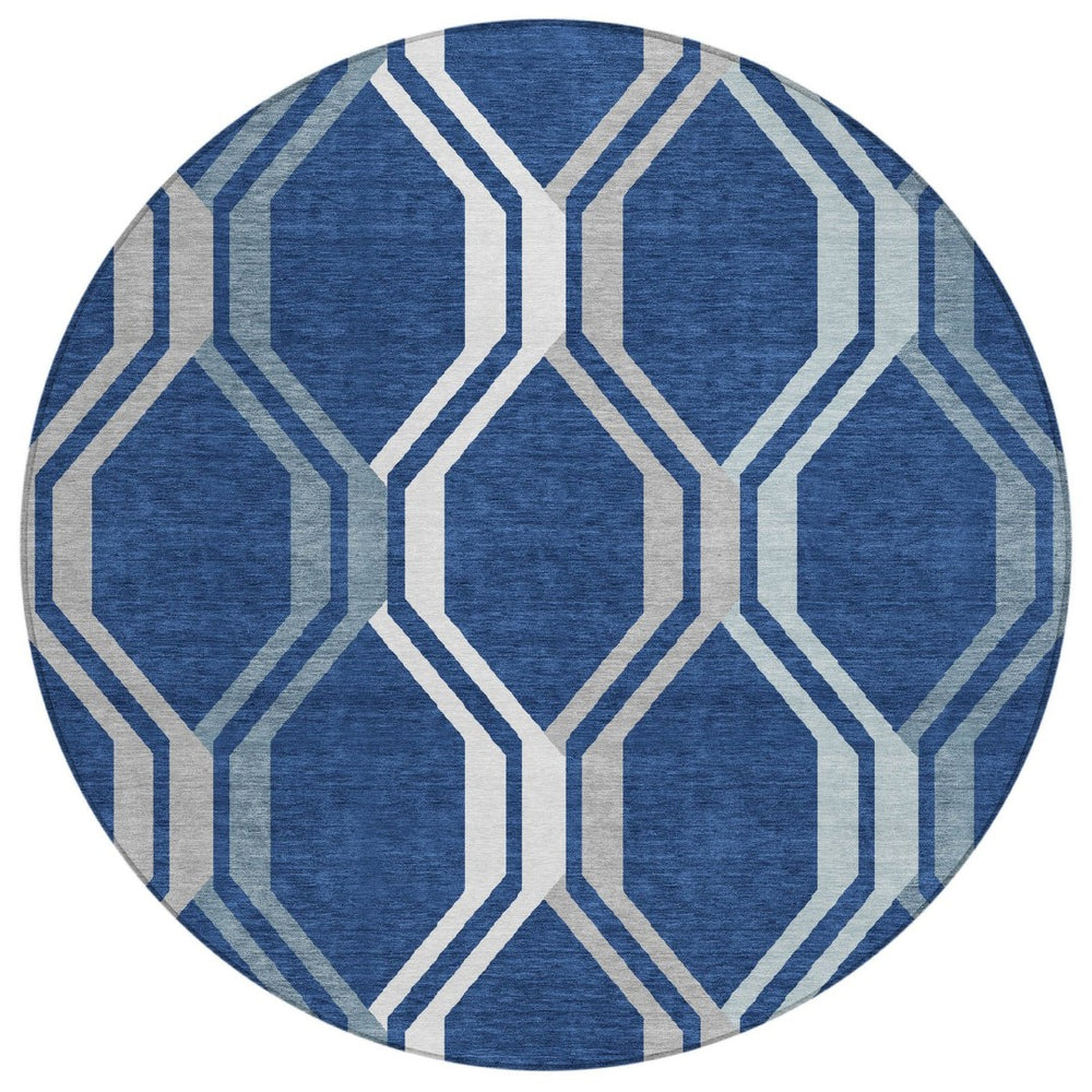 HomeRoots 8' Navy Geometric Washable Round Rug – Stylish Indoor/Outdoor Accent for High-Traffic Areas, Easy Care 659470