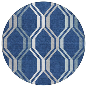 HomeRoots 8' Navy Geometric Washable Round Rug – Stylish Indoor/Outdoor Accent for High-Traffic Areas, Easy Care 659470