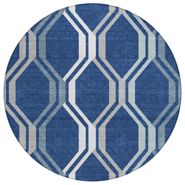 HomeRoots 8' Navy Geometric Washable Round Rug – Stylish Indoor/Outdoor Accent for High-Traffic Areas, Easy Care 659470
