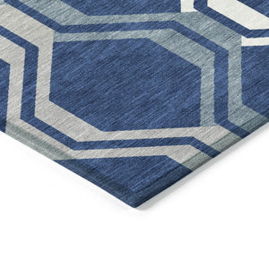 HomeRoots 8' Navy Geometric Washable Round Rug – Stylish Indoor/Outdoor Accent for High-Traffic Areas, Easy Care 659470