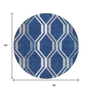 HomeRoots 8' Navy Geometric Washable Round Rug – Stylish Indoor/Outdoor Accent for High-Traffic Areas, Easy Care 659470