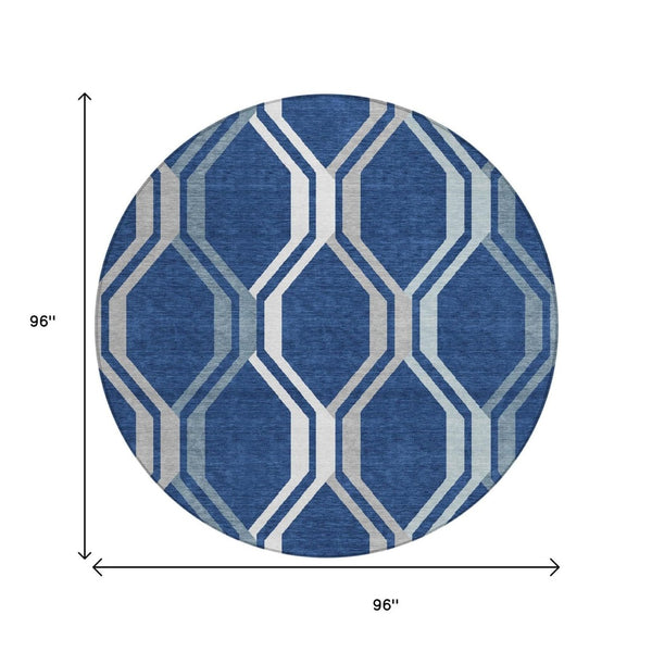 HomeRoots 8' Navy Geometric Washable Round Rug – Stylish Indoor/Outdoor Accent for High-Traffic Areas, Easy Care 659470