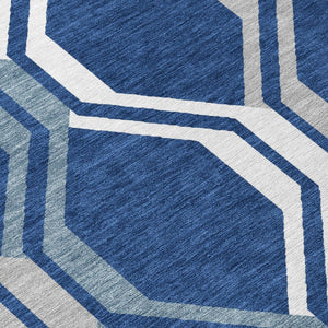 HomeRoots 8' Navy Geometric Washable Round Rug – Stylish Indoor/Outdoor Accent for High-Traffic Areas, Easy Care 659470