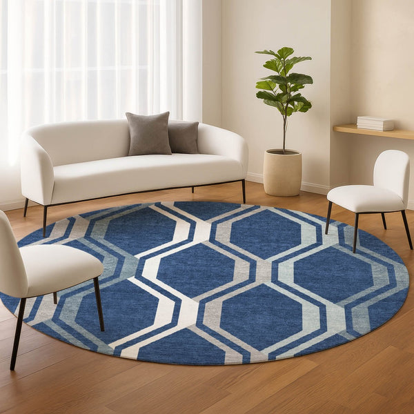 HomeRoots 8' Navy Geometric Washable Round Rug – Stylish Indoor/Outdoor Accent for High-Traffic Areas, Easy Care 659470