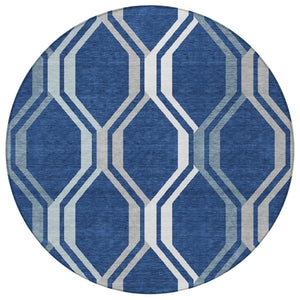HomeRoots 8' Navy Geometric Washable Round Rug – Stylish Indoor/Outdoor Accent for High-Traffic Areas, Easy Care 659470