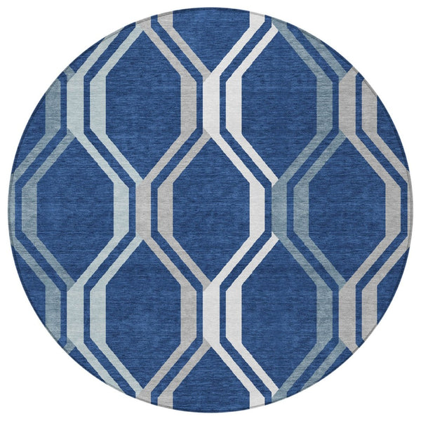 HomeRoots 8' Navy Geometric Washable Round Rug – Stylish Indoor/Outdoor Accent for High-Traffic Areas, Easy Care 659470