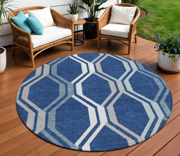 HomeRoots 8' Navy Geometric Washable Round Rug – Stylish Indoor/Outdoor Accent for High-Traffic Areas, Easy Care 659470
