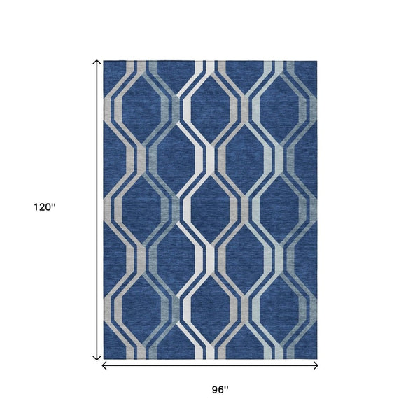 HomeRoots 8' X 10' Navy Blue & Ivory Geometric Area Rug – Stylish, Washable Indoor/Outdoor Mat for High-Traffic Areas 659471