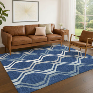 HomeRoots 8' X 10' Navy Blue & Ivory Geometric Area Rug – Stylish, Washable Indoor/Outdoor Mat for High-Traffic Areas 659471