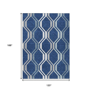 HomeRoots 10' Navy Blue and Ivory Geometric Area Rug – Washable Indoor/Outdoor, Durable for High-Traffic Spaces 659473