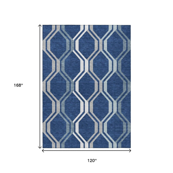 HomeRoots 10' Navy Blue and Ivory Geometric Area Rug – Washable Indoor/Outdoor, Durable for High-Traffic Spaces 659473