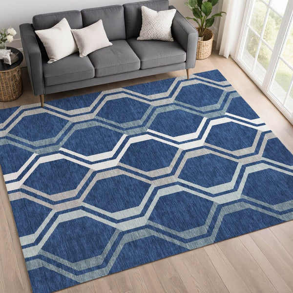 HomeRoots 10' Navy Blue and Ivory Geometric Area Rug – Washable Indoor/Outdoor, Durable for High-Traffic Spaces 659473