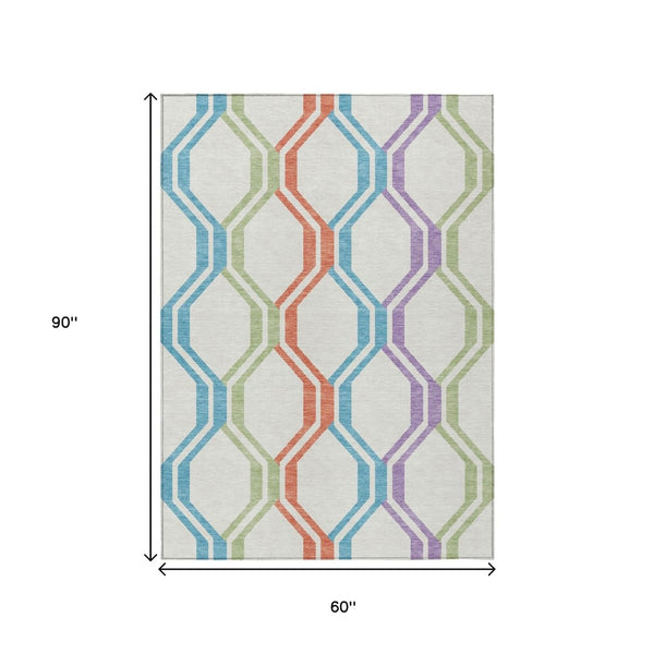 HomeRoots 5' Stylish Pearl Blue and Purple Geometric Area Rug - Washable, Durable, Indoor/Outdoor Versatile Design 659475