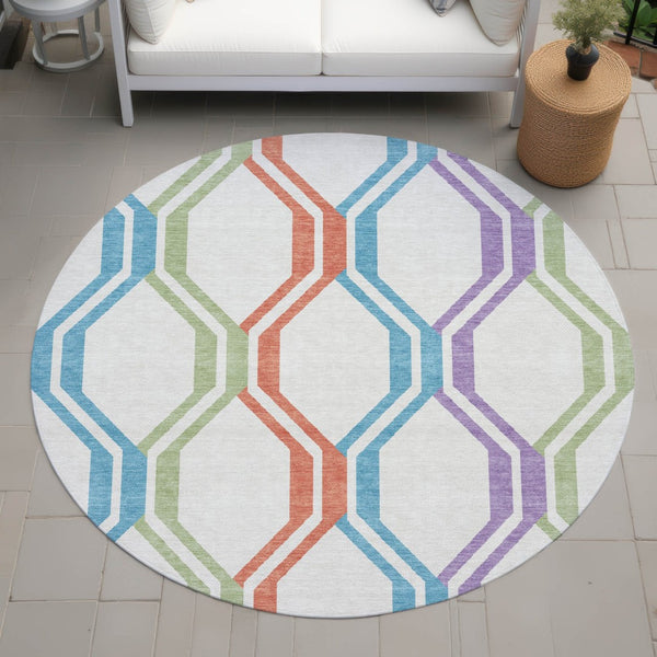 HomeRoots 8' Pearl Blue and Purple Round Area Rug - Modern Geometric Design, Washable for Indoor/Outdoor Use 659476