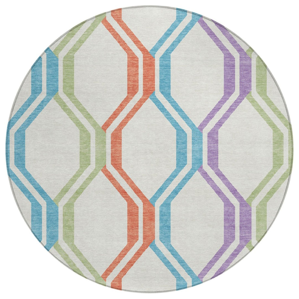 HomeRoots 8' Pearl Blue and Purple Round Area Rug - Modern Geometric Design, Washable for Indoor/Outdoor Use 659476
