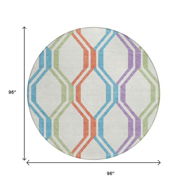 HomeRoots 8' Pearl Blue and Purple Round Area Rug - Modern Geometric Design, Washable for Indoor/Outdoor Use 659476