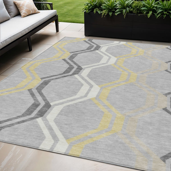 HomeRoots 5' X 8' Stylish Silver Beige Charcoal Geometric Area Rug - Washable, Durable for Indoor & Outdoor Use 659481