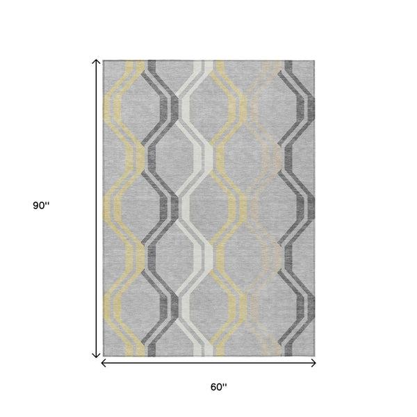 HomeRoots 5' X 8' Stylish Silver Beige Charcoal Geometric Area Rug - Washable, Durable for Indoor & Outdoor Use 659481