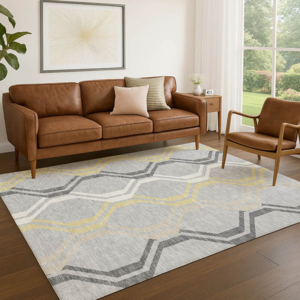 HomeRoots 5' X 8' Stylish Silver Beige Charcoal Geometric Area Rug - Washable, Durable for Indoor & Outdoor Use 659481