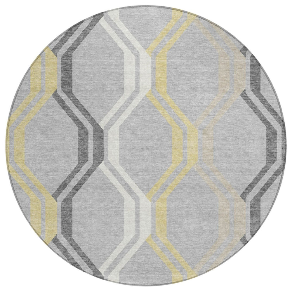 HomeRoots 8' Modern Round Geometric Area Rug in Silver, Beige & Charcoal - Washable for Indoor/Outdoor Use 659482
