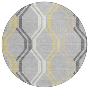 HomeRoots 8' Modern Round Geometric Area Rug in Silver, Beige & Charcoal - Washable for Indoor/Outdoor Use 659482