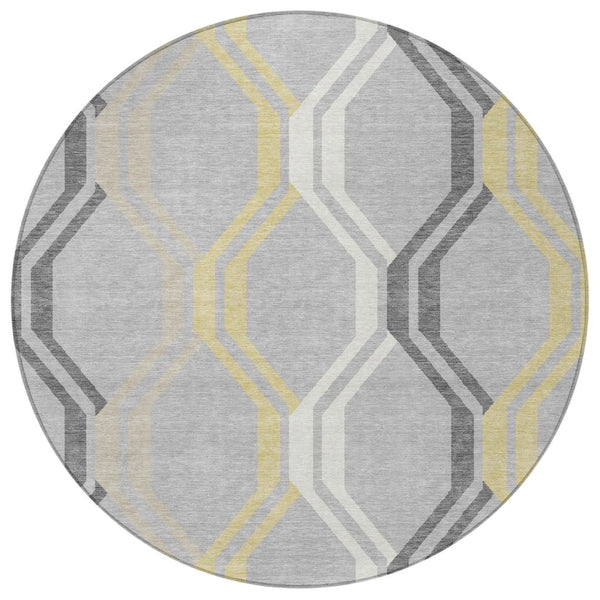 HomeRoots 8' Modern Round Geometric Area Rug in Silver, Beige & Charcoal - Washable for Indoor/Outdoor Use 659482