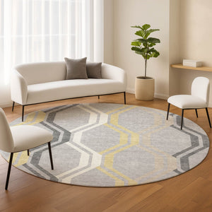 HomeRoots 8' Modern Round Geometric Area Rug in Silver, Beige & Charcoal - Washable for Indoor/Outdoor Use 659482