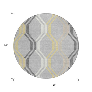 HomeRoots 8' Modern Round Geometric Area Rug in Silver, Beige & Charcoal - Washable for Indoor/Outdoor Use 659482