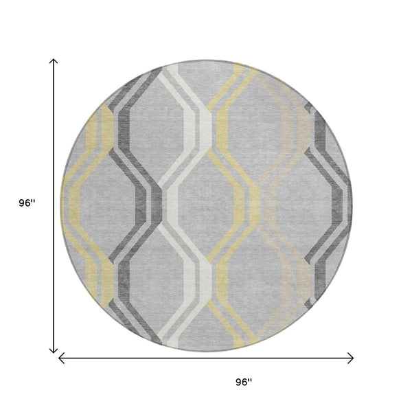 HomeRoots 8' Modern Round Geometric Area Rug in Silver, Beige & Charcoal - Washable for Indoor/Outdoor Use 659482