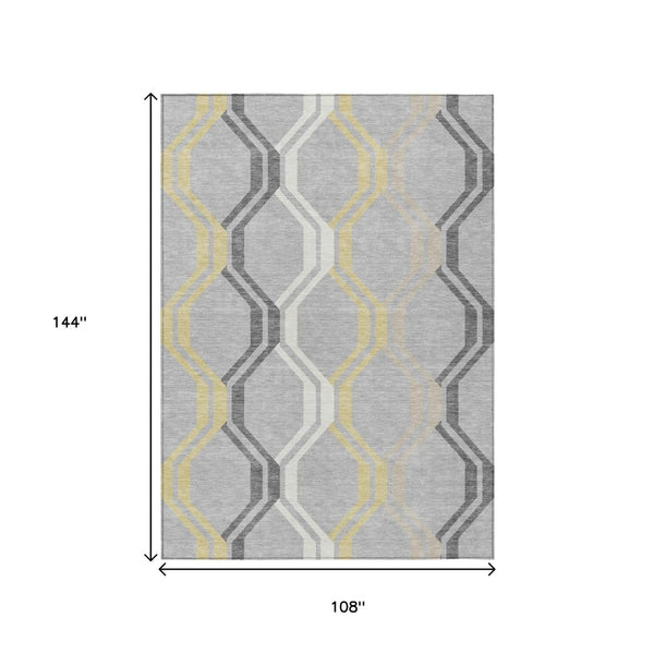 HomeRoots 9' X 12' Silver Beige & Charcoal Geometric Rug - Washable, Stylish, Durable for Indoor & Outdoor Use 659484