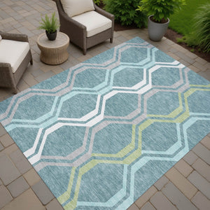 HomeRoots 5' Geometric Washable Area Rug in Teal Blue, Gray & Ivory - Stylish, Durable for Indoor & Outdoor Use 659487
