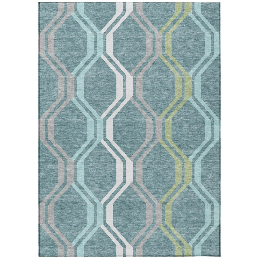 HomeRoots 5' Geometric Washable Area Rug in Teal Blue, Gray & Ivory - Stylish, Durable for Indoor & Outdoor Use 659487