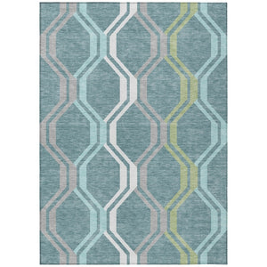HomeRoots 5' Geometric Washable Area Rug in Teal Blue, Gray & Ivory - Stylish, Durable for Indoor & Outdoor Use 659487