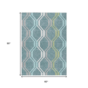 HomeRoots 5' Geometric Washable Area Rug in Teal Blue, Gray & Ivory - Stylish, Durable for Indoor & Outdoor Use 659487