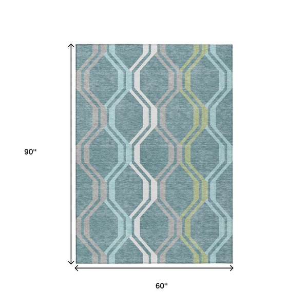 HomeRoots 5' Geometric Washable Area Rug in Teal Blue, Gray & Ivory - Stylish, Durable for Indoor & Outdoor Use 659487
