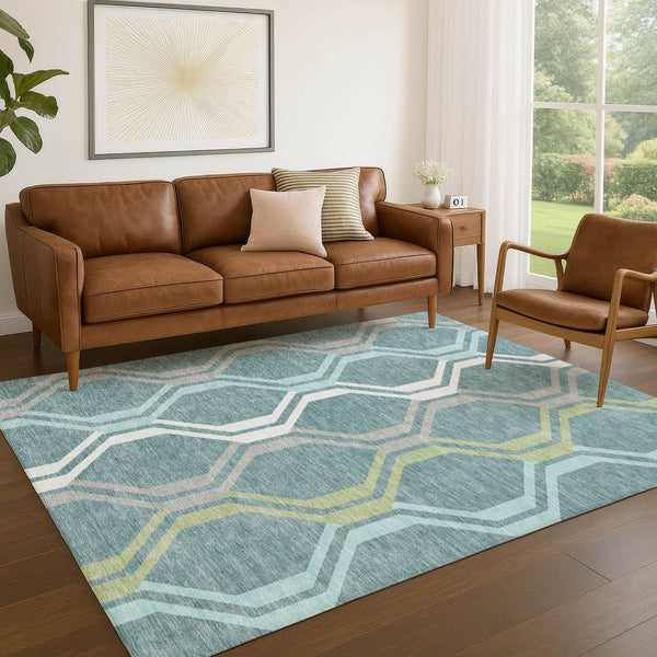 HomeRoots 5' Geometric Washable Area Rug in Teal Blue, Gray & Ivory - Stylish, Durable for Indoor & Outdoor Use 659487