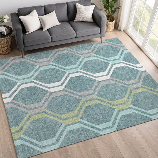 HomeRoots 5' Geometric Washable Area Rug in Teal Blue, Gray & Ivory - Stylish, Durable for Indoor & Outdoor Use 659487
