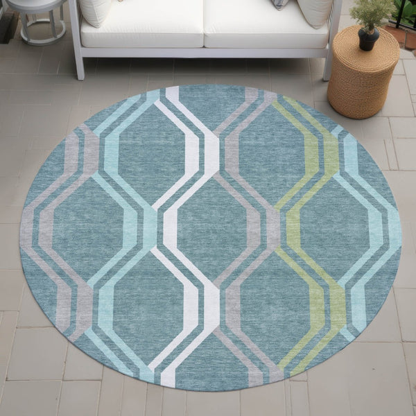 HomeRoots 8' Teal Blue Gray Ivory Round Geometric Area Rug - Stylish, Washable, Indoor/Outdoor Durable Design 659488