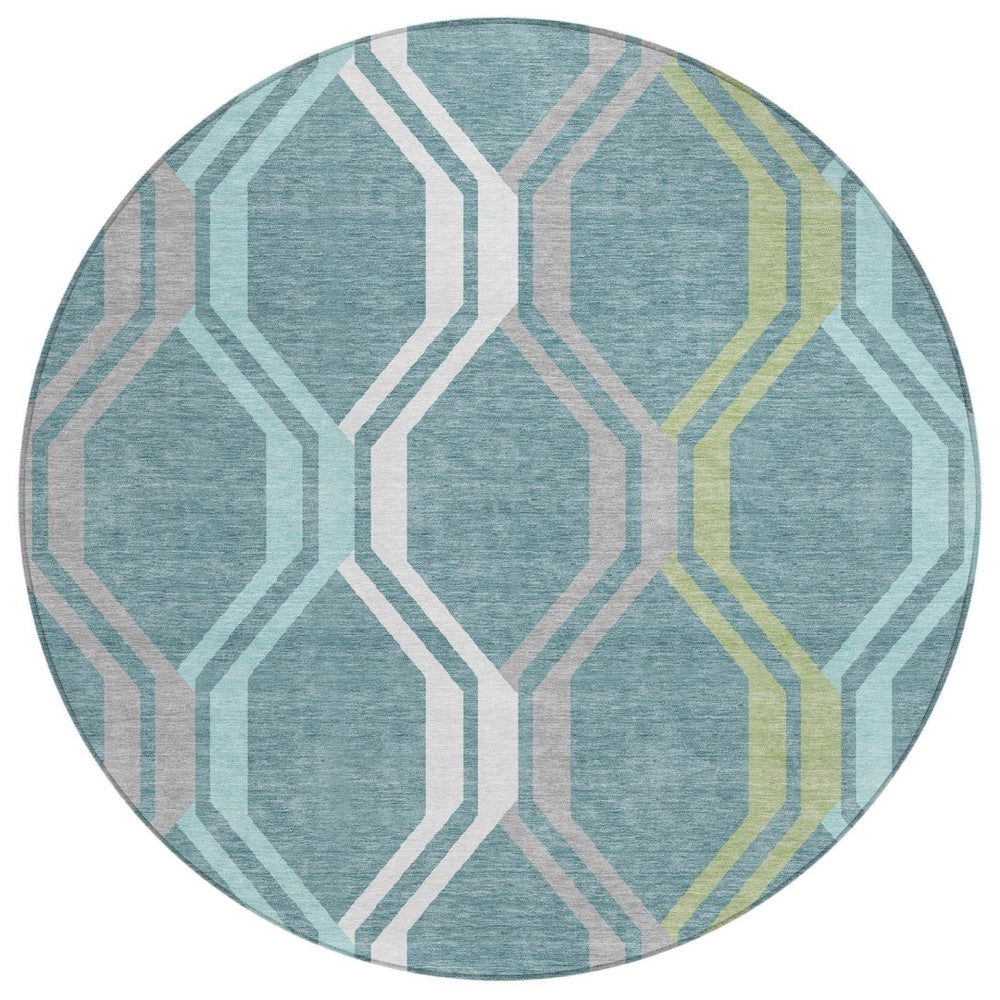 HomeRoots 8' Teal Blue Gray Ivory Round Geometric Area Rug - Stylish, Washable, Indoor/Outdoor Durable Design 659488