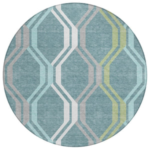 HomeRoots 8' Teal Blue Gray Ivory Round Geometric Area Rug - Stylish, Washable, Indoor/Outdoor Durable Design 659488