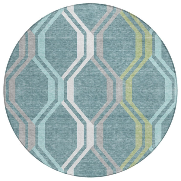 HomeRoots 8' Teal Blue Gray Ivory Round Geometric Area Rug - Stylish, Washable, Indoor/Outdoor Durable Design 659488