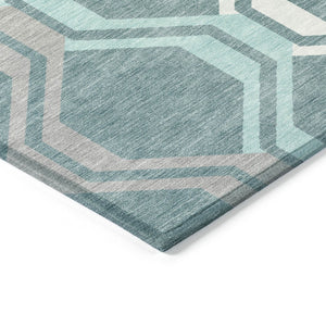 HomeRoots 8' Teal Blue Gray Ivory Round Geometric Area Rug - Stylish, Washable, Indoor/Outdoor Durable Design 659488