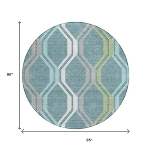 HomeRoots 8' Teal Blue Gray Ivory Round Geometric Area Rug - Stylish, Washable, Indoor/Outdoor Durable Design 659488