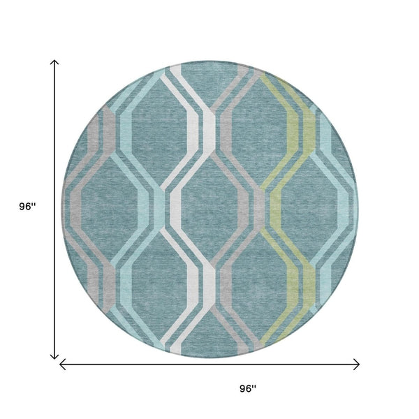 HomeRoots 8' Teal Blue Gray Ivory Round Geometric Area Rug - Stylish, Washable, Indoor/Outdoor Durable Design 659488